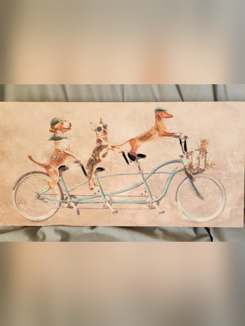 Dogs On Bike Canvas Painting Whimsical Tandem Wall Art - Blue & Beige